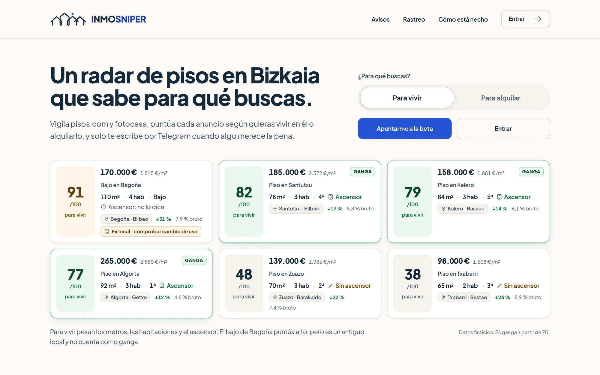 Página pública de Inmo-Sniper con el titular «Un radar de pisos en Bizkaia que sabe para qué buscas» y seis viviendas ficticias puntuadas para vivir.