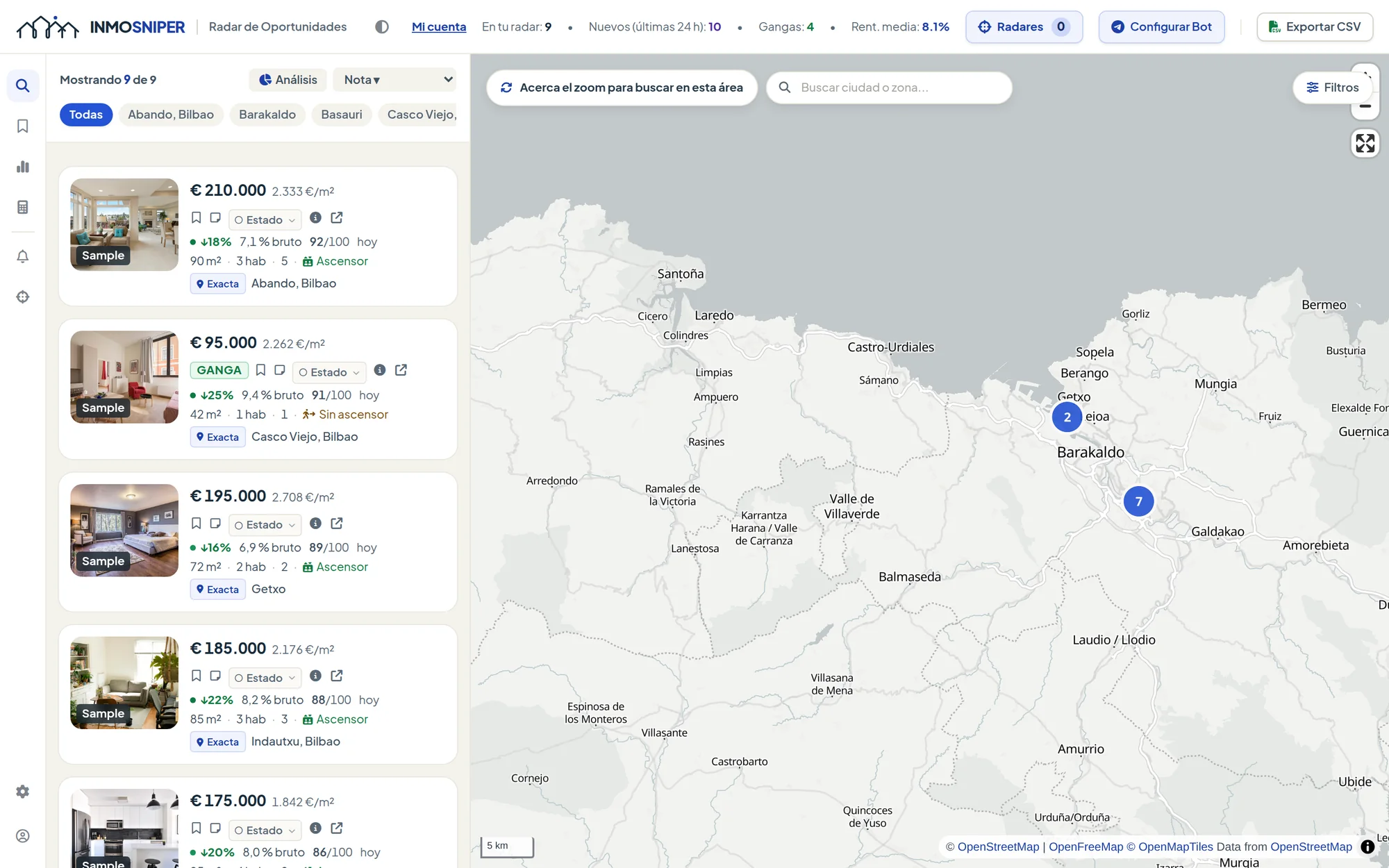 Panel de Inmo-Sniper con la lista de viviendas de ejemplo puntuadas a la izquierda y el mapa del área metropolitana de Bilbao con los anuncios agrupados.