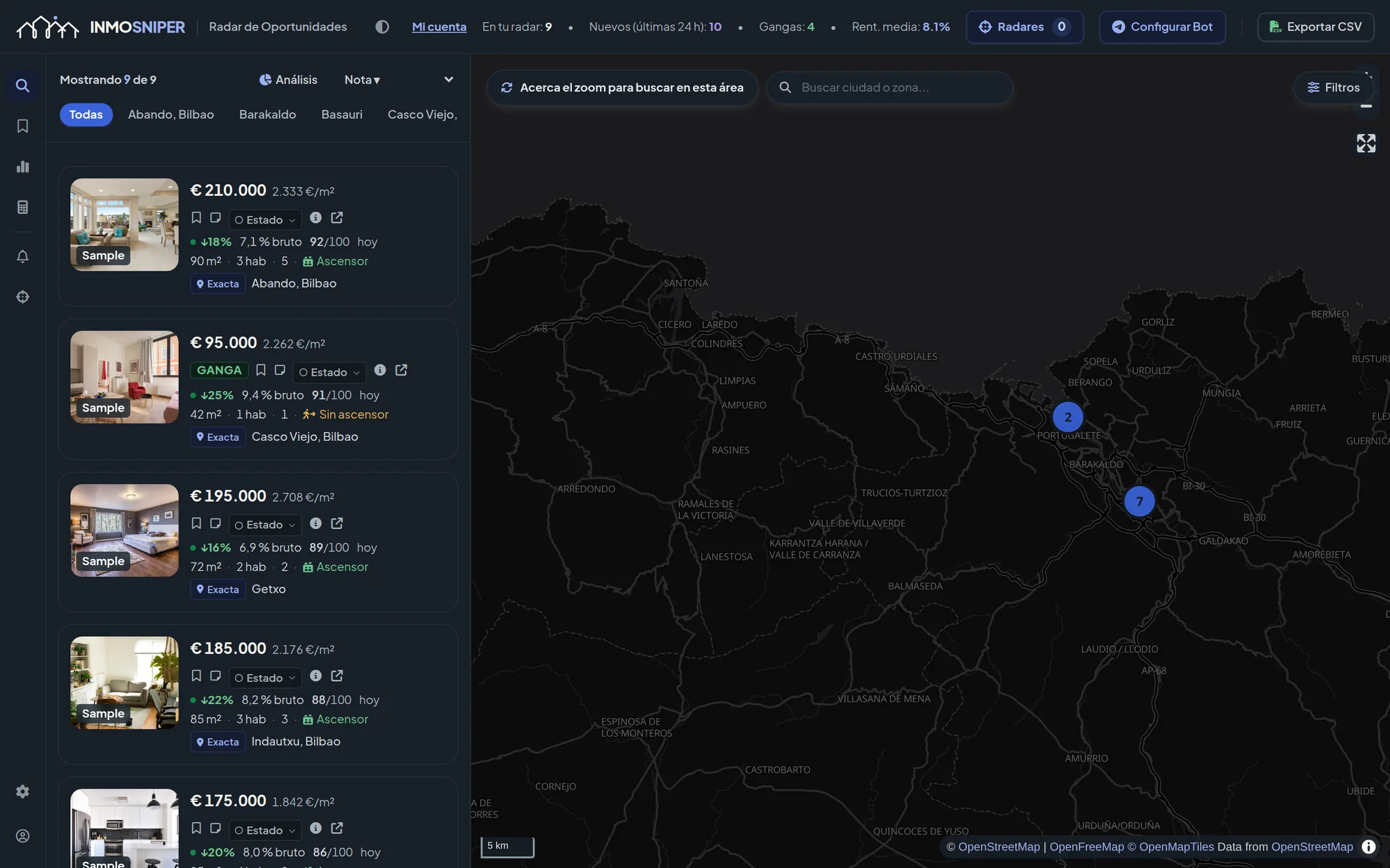 Panel de Inmo-Sniper con la lista de viviendas de ejemplo puntuadas a la izquierda y el mapa del área metropolitana de Bilbao con los anuncios agrupados.