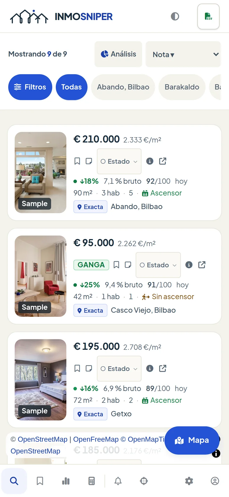 Vista móvil del panel con la lista de viviendas de ejemplo, los filtros y el botón para abrir el mapa.