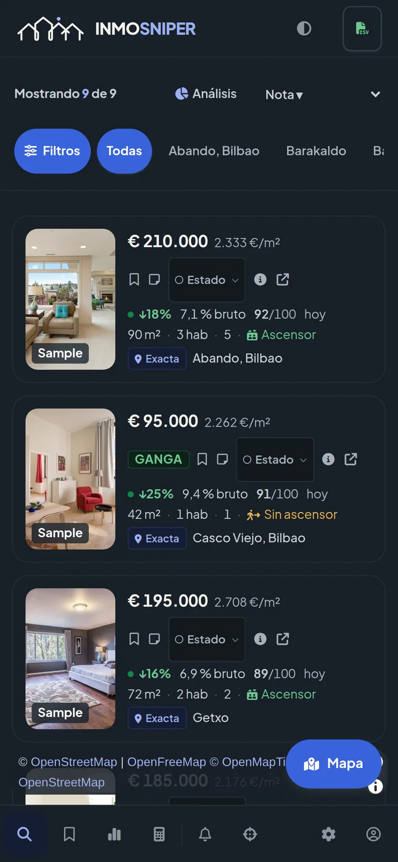 Vista móvil del panel con la lista de viviendas de ejemplo, los filtros y el botón para abrir el mapa.