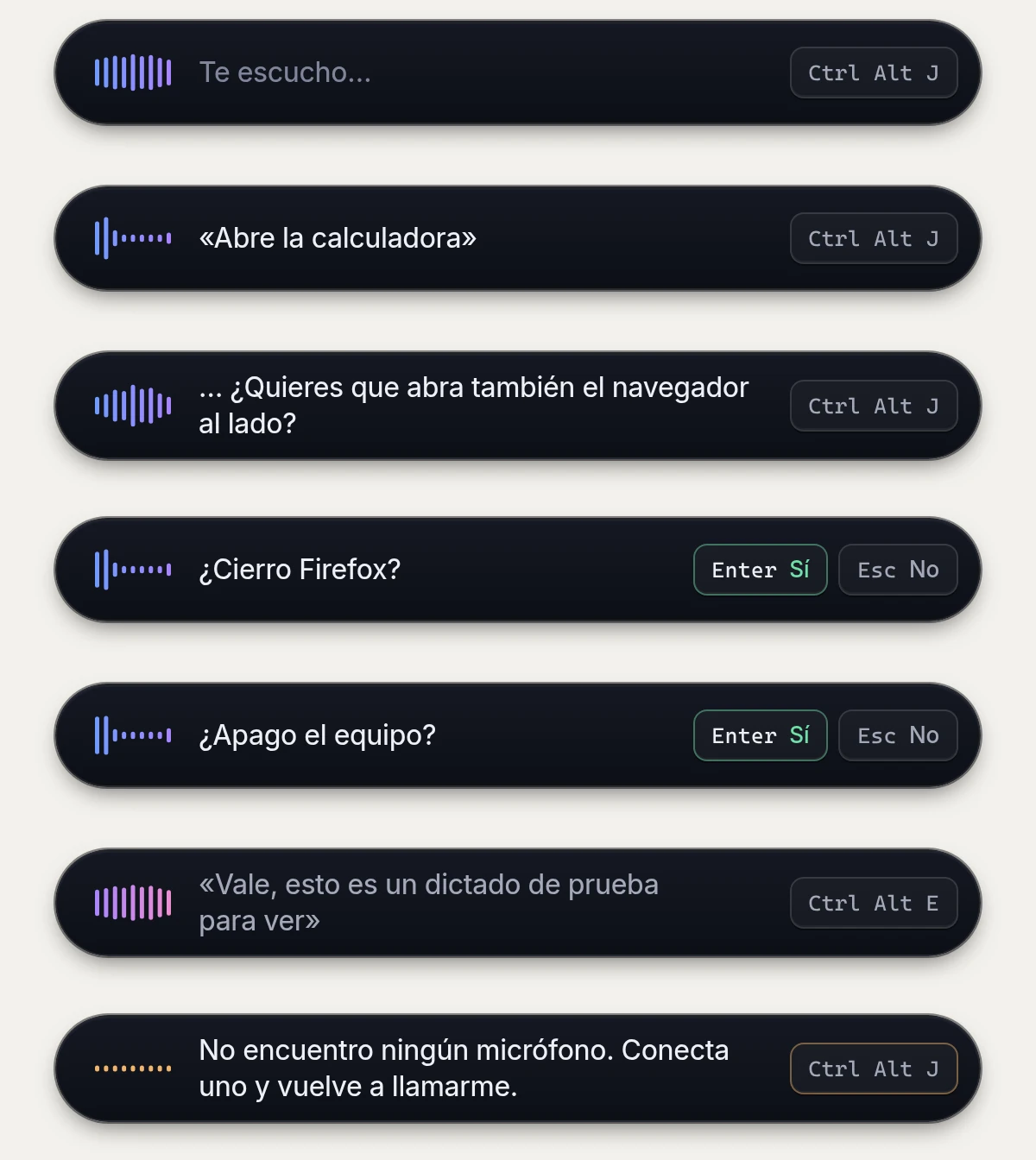 Siete estados de la píldora, uno debajo de otro, escuchando, pensando, respondiendo, dos confirmaciones, dictando y un aviso de micrófono.