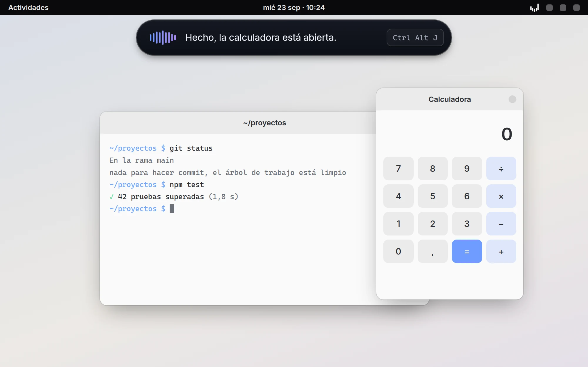 La calculadora abierta junto a la terminal y la píldora diciendo «Hecho, la calculadora está abierta».