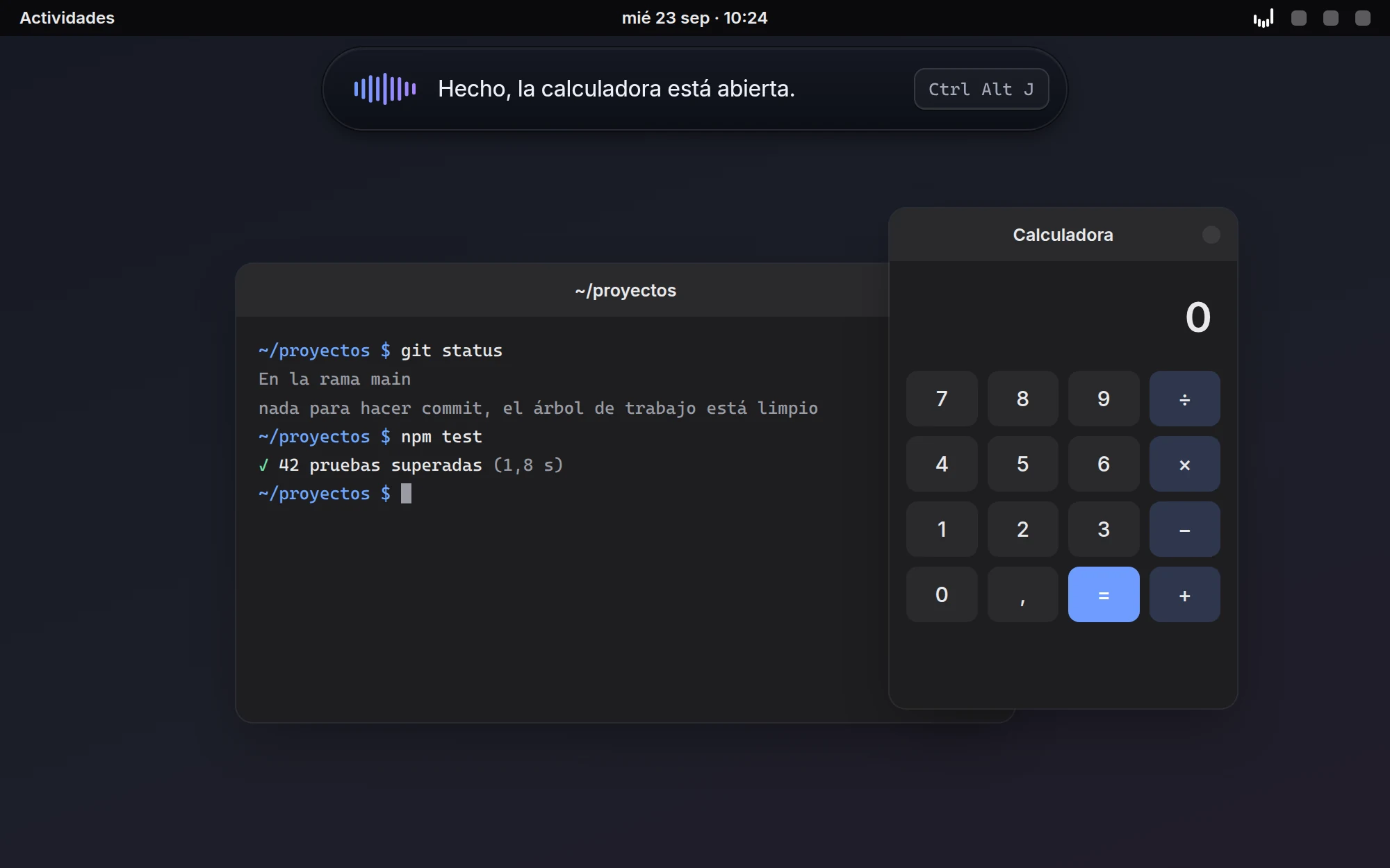 La calculadora abierta junto a la terminal y la píldora diciendo «Hecho, la calculadora está abierta».